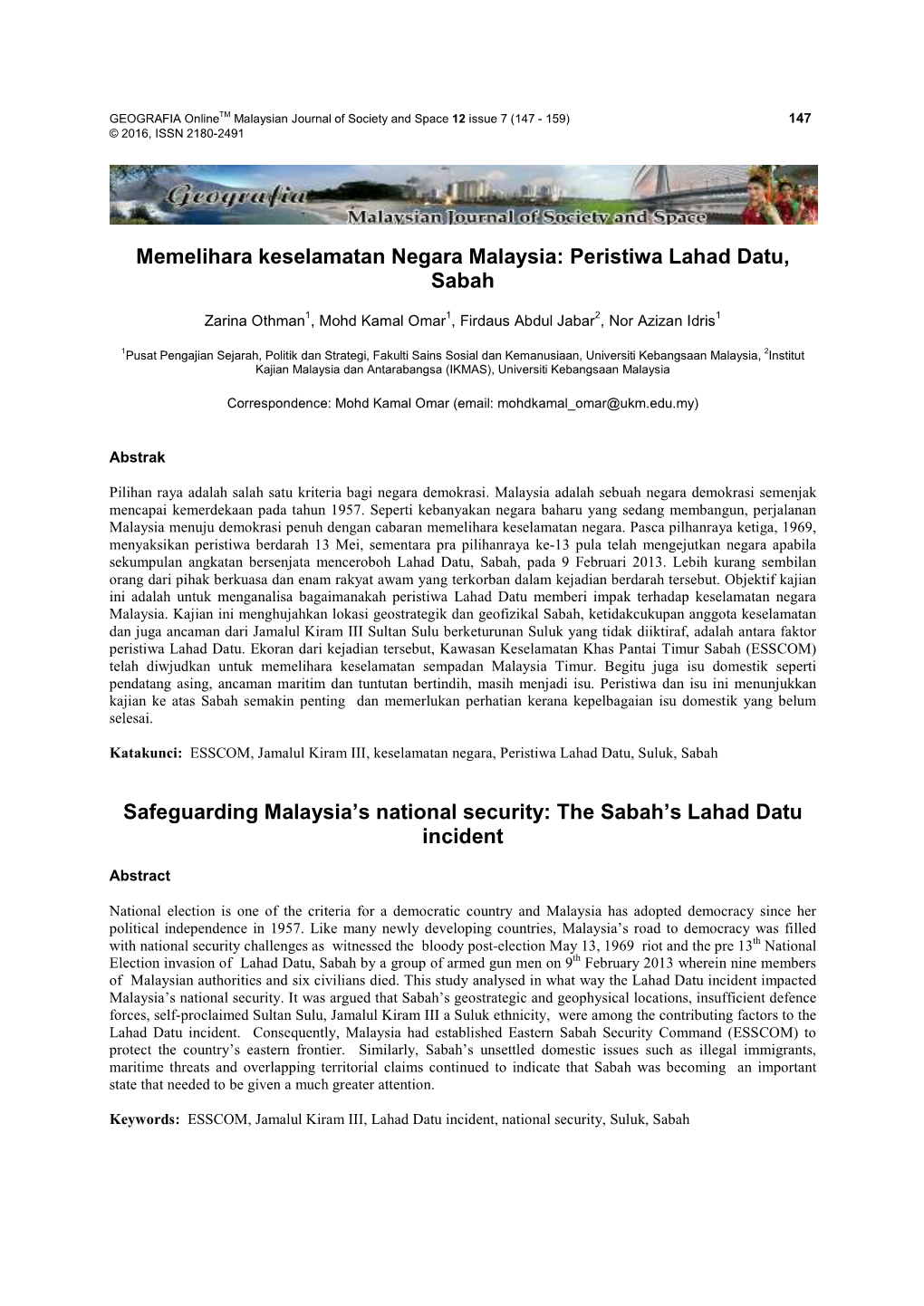 Memelihara Keselamatan Negara Malaysia: Peristiwa Lahad Datu, Sabah Safeguarding Malaysia's National Security