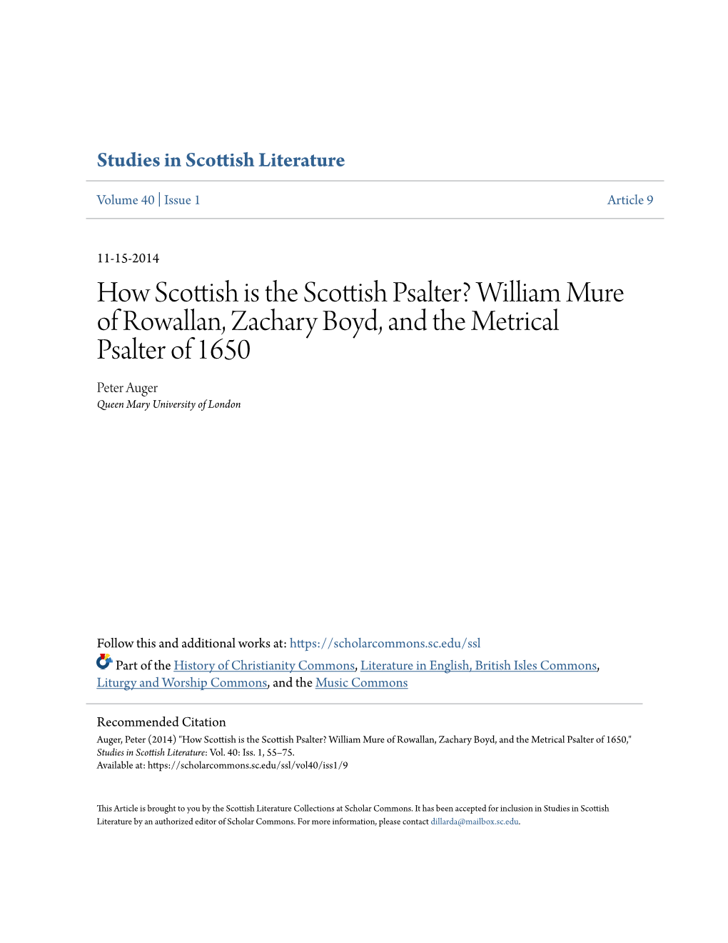 William Mure of Rowallan, Zachary Boyd, and the Metrical Psalter of 1650 Peter Auger Queen Mary University of London