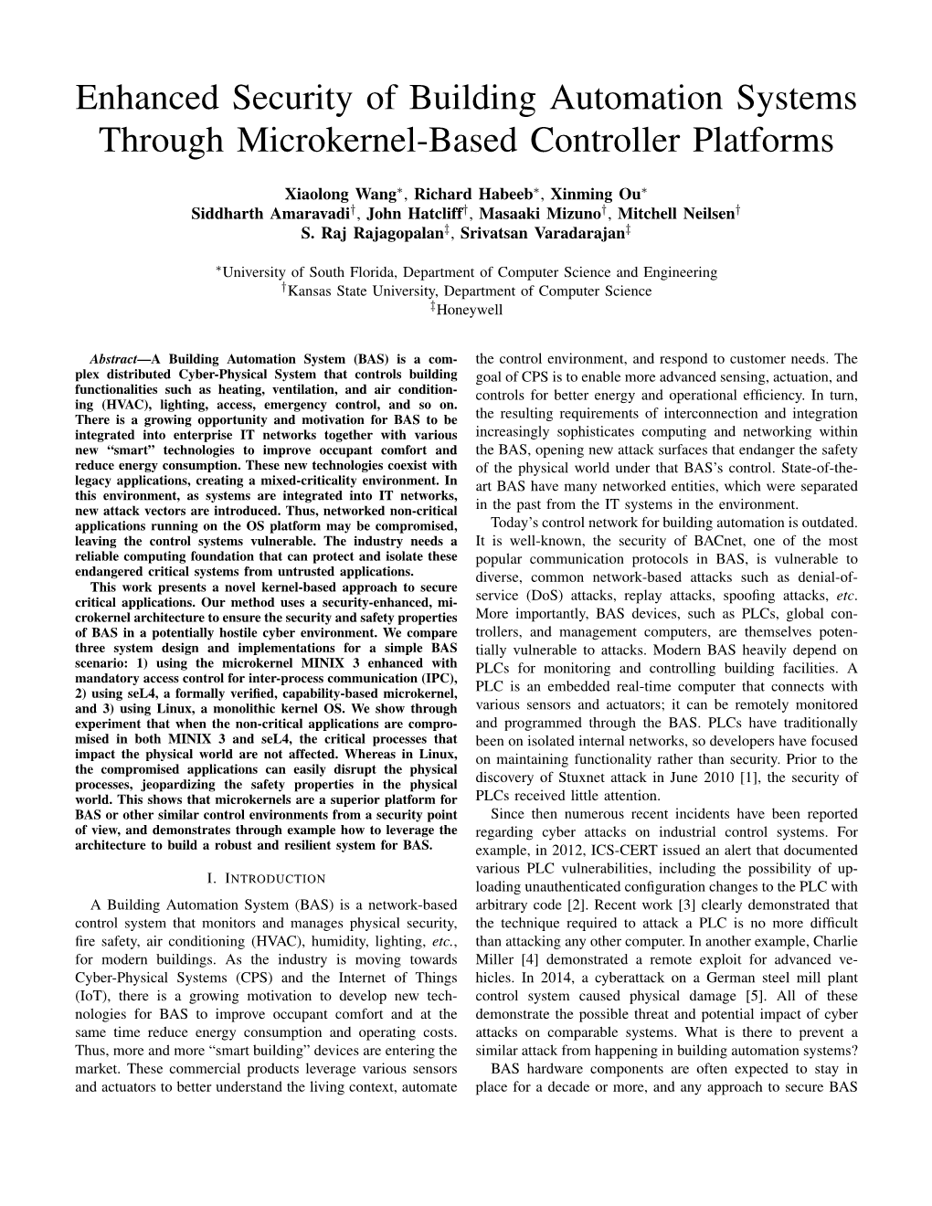 Enhanced Security of Building Automation Systems Through Microkernel-Based Controller Platforms