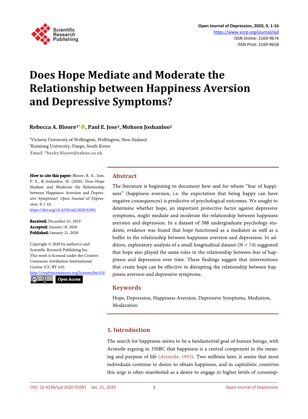 Does Hope Mediate and Moderate the Relationship Between Happiness Aversion and Depressive Symptoms?