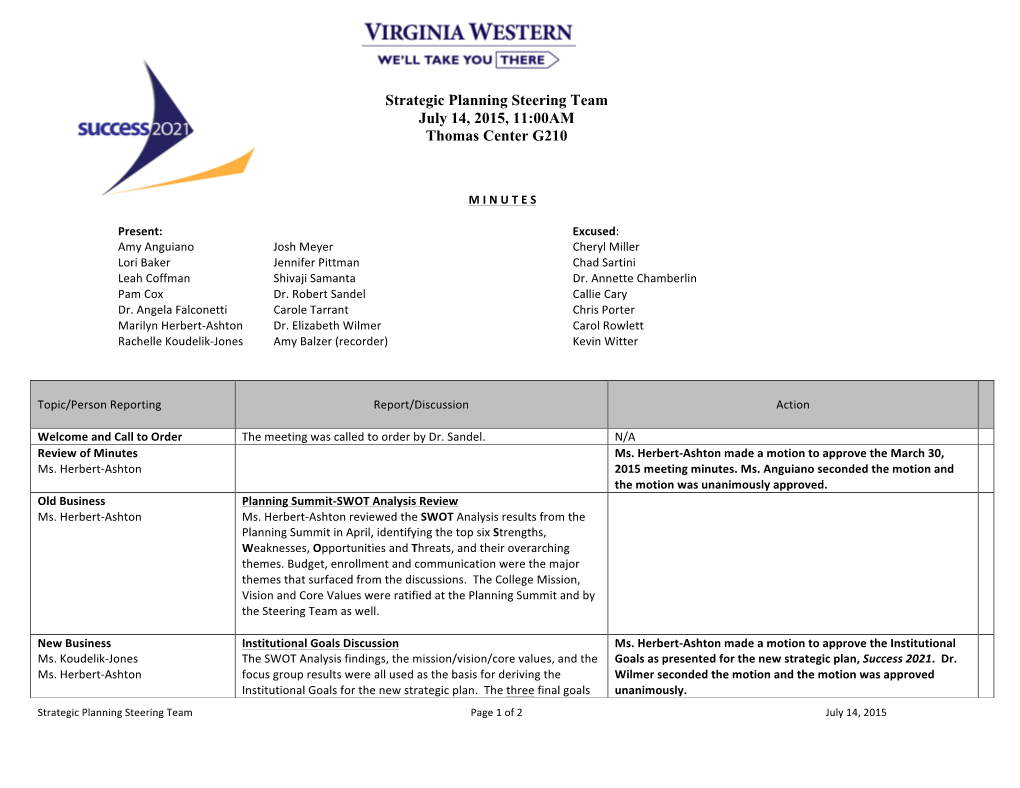 Strategic Planning Steering Team Minutes