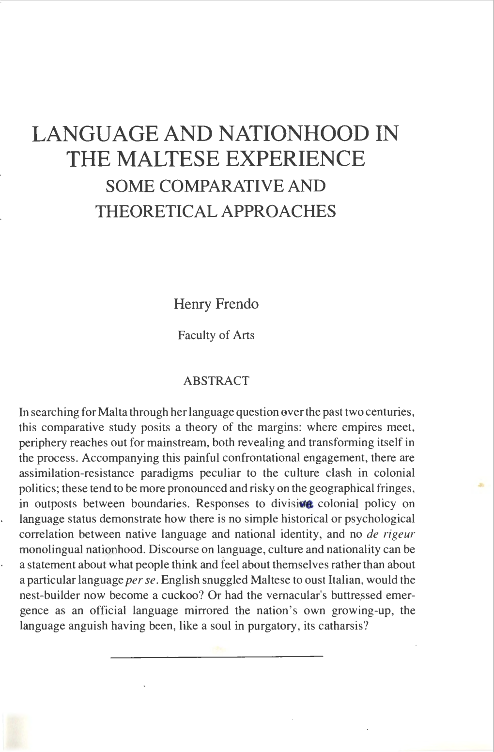 Language and Nationhood in the Maltese Experience Some Comparative and Theoretical Approaches