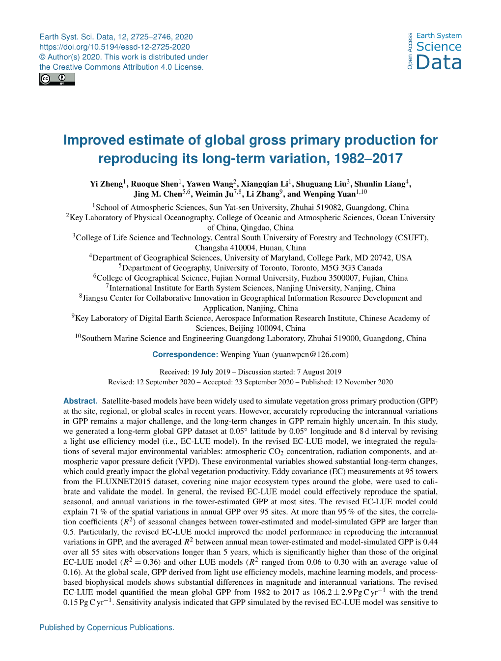 Improved Estimate of Global Gross Primary Production for Reproducing Its Long-Term Variation, 1982–2017