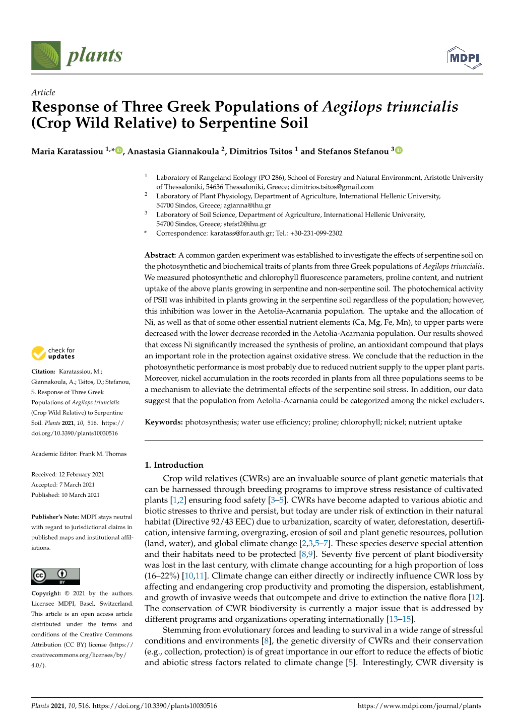 Response of Three Greek Populations of Aegilops Triuncialis (Crop Wild Relative) to Serpentine Soil