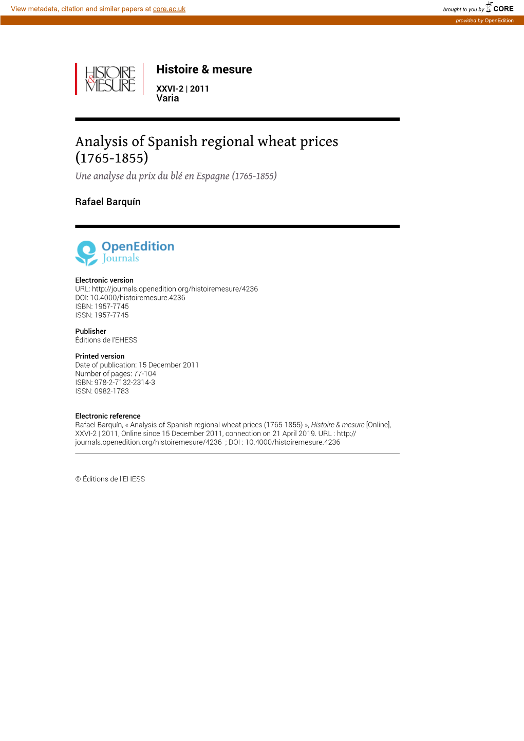 Analysis of Spanish Regional Wheat Prices \(1765-1855\)