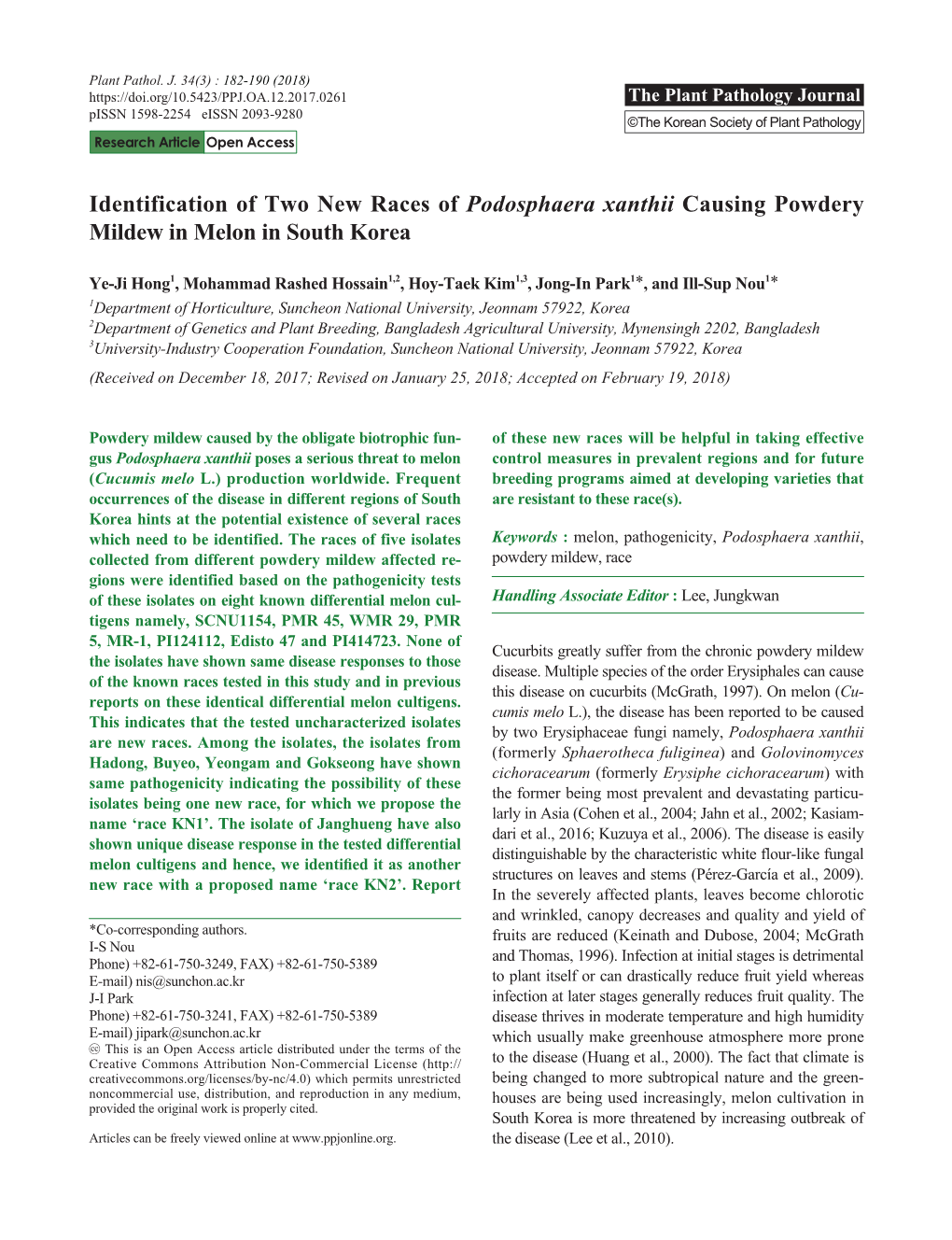 Identification of Two New Races of Podosphaera Xanthii Causing Powdery Mildew in Melon in South Korea