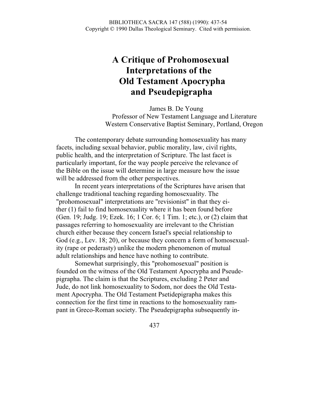 A Critique of Prohomosexual Interpretations of Old Testament Apocypha and Pseudepigrapha