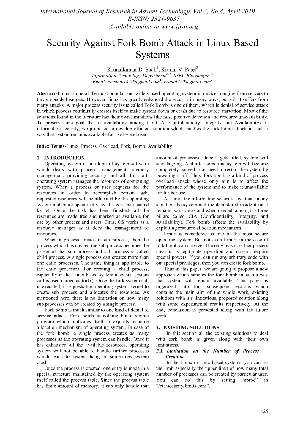 Security Against Fork Bomb Attack in Linux Based Systems