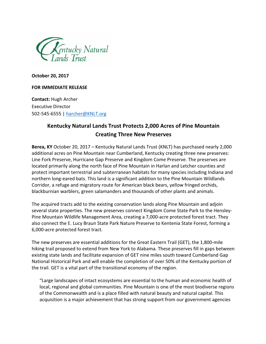 Kentucky Natural Lands Trust Protects 2,000 Acres of Pine Mountain Creating Three New Preserves
