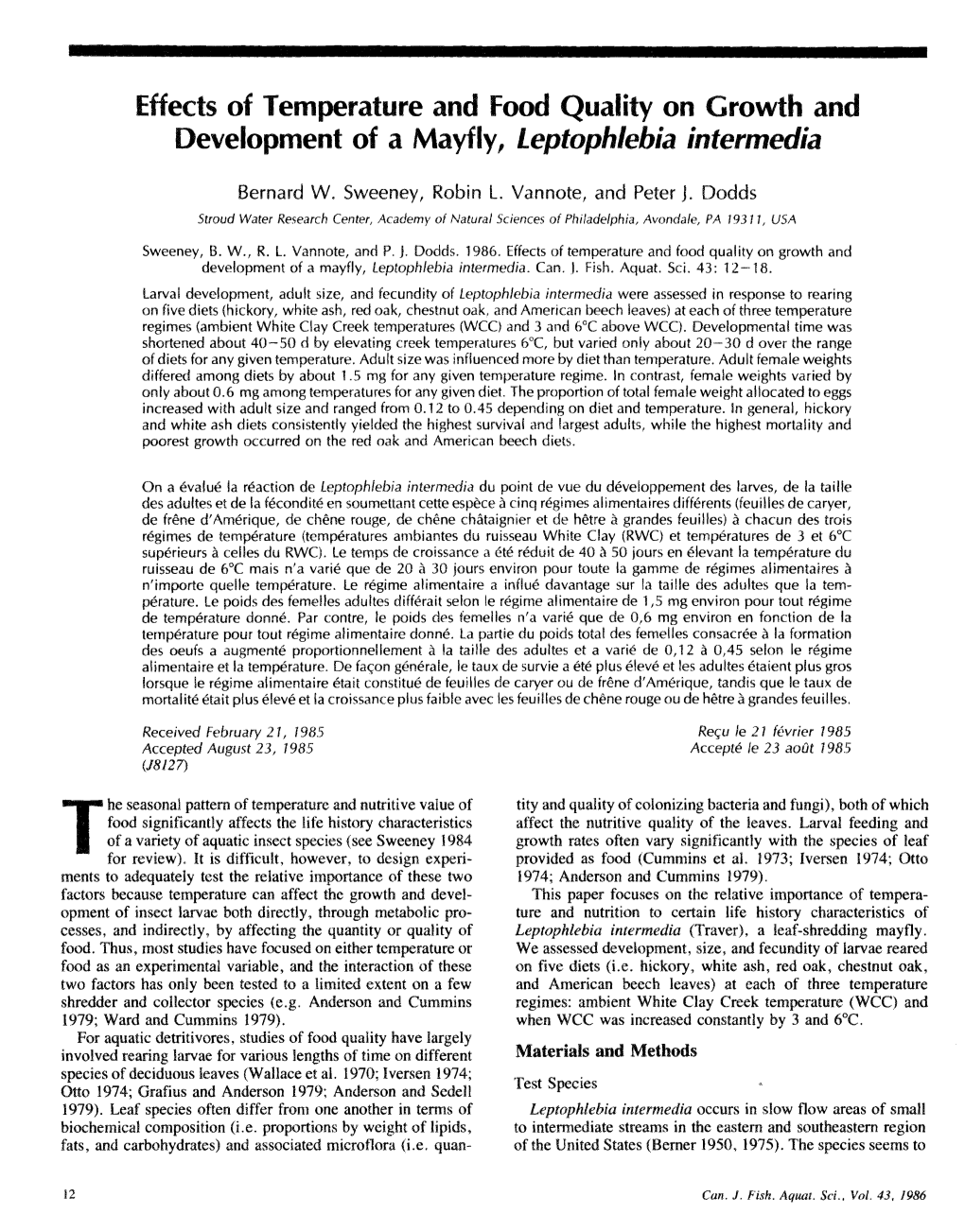 Effects of Temperature and Food Qua Ity on Growth and Development of a Leptophlebia Intermedia