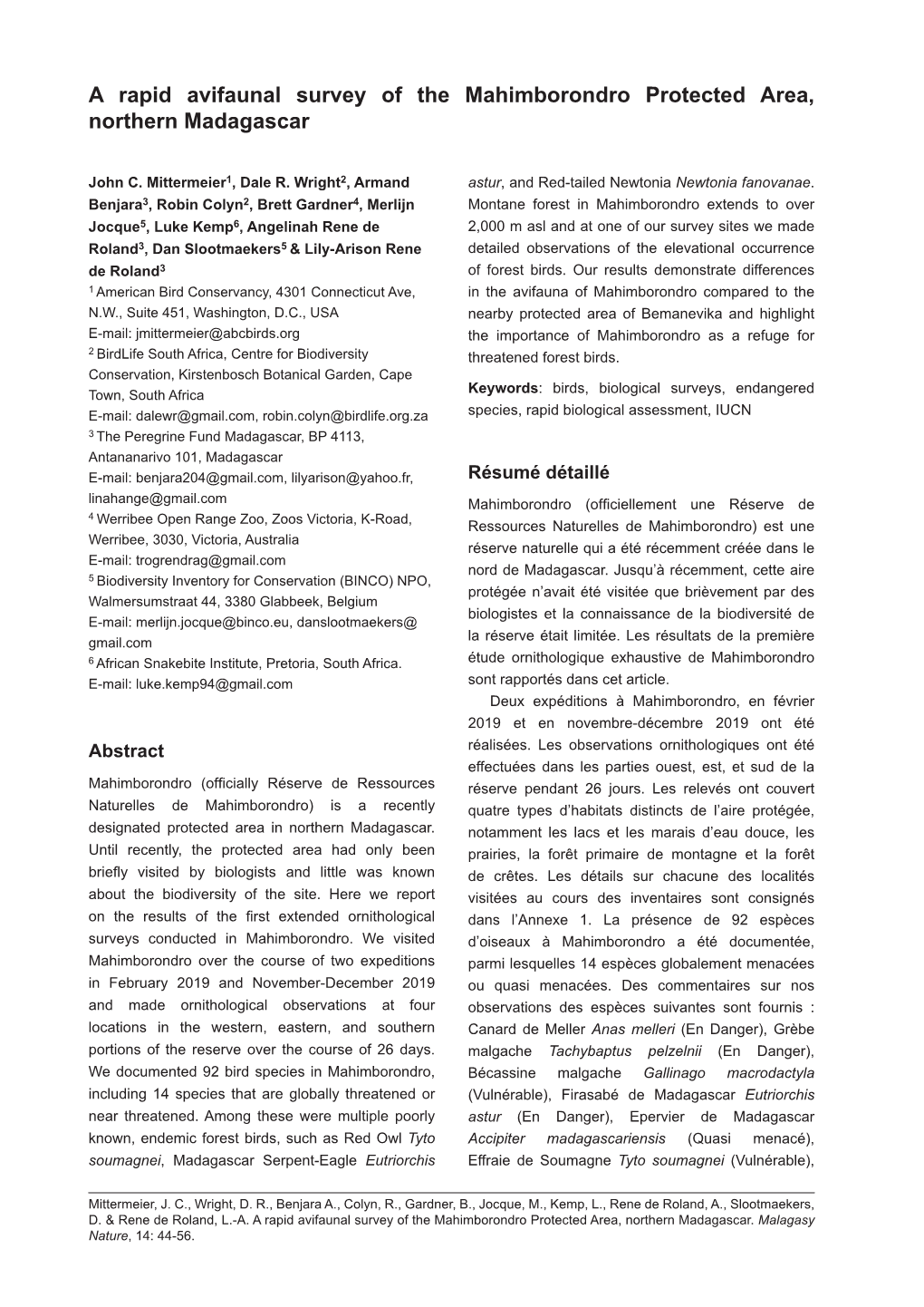 A Rapid Avifaunal Survey of the Mahimborondro Protected Area, Northern Madagascar