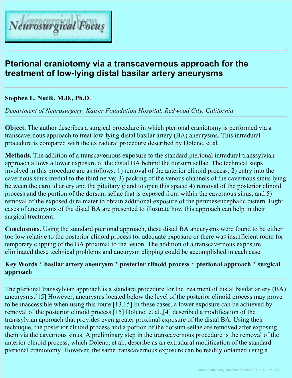 Pterional Craniotomy Via a Transcavernous Approach for the Treatment of Low-Lying Distal Basilar Artery Aneurysms