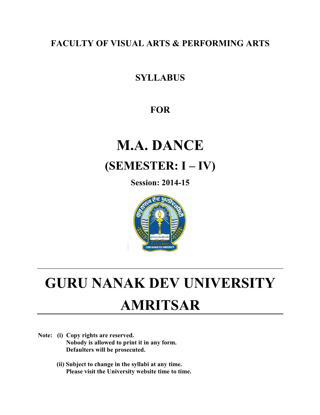 M.A. Dance Guru Nanak Dev University Amritsar