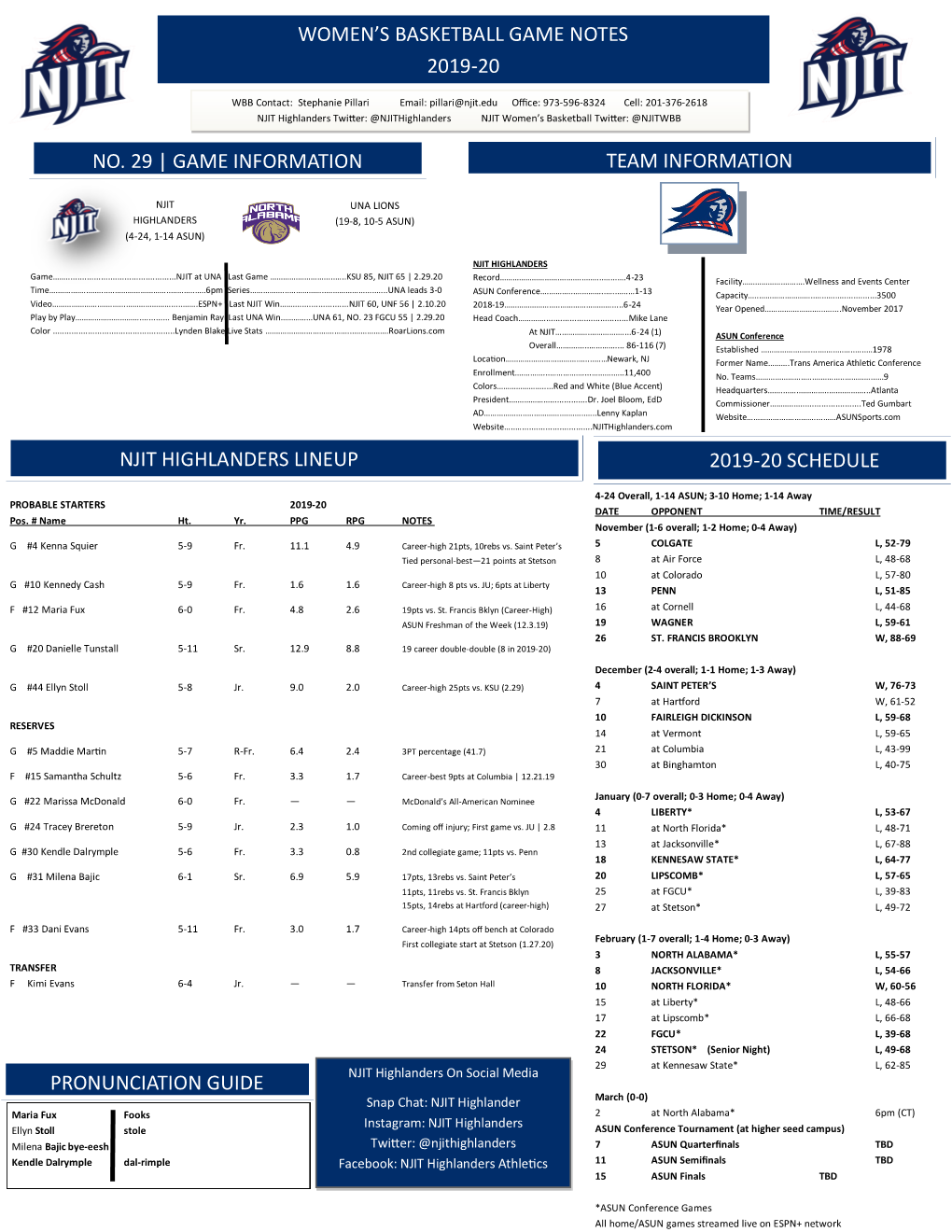 Women's Basketball Game Notes 2019-20 Team Information Njit Highlanders Lineup Pronunciation Guide 2019-20 Schedule No. 29