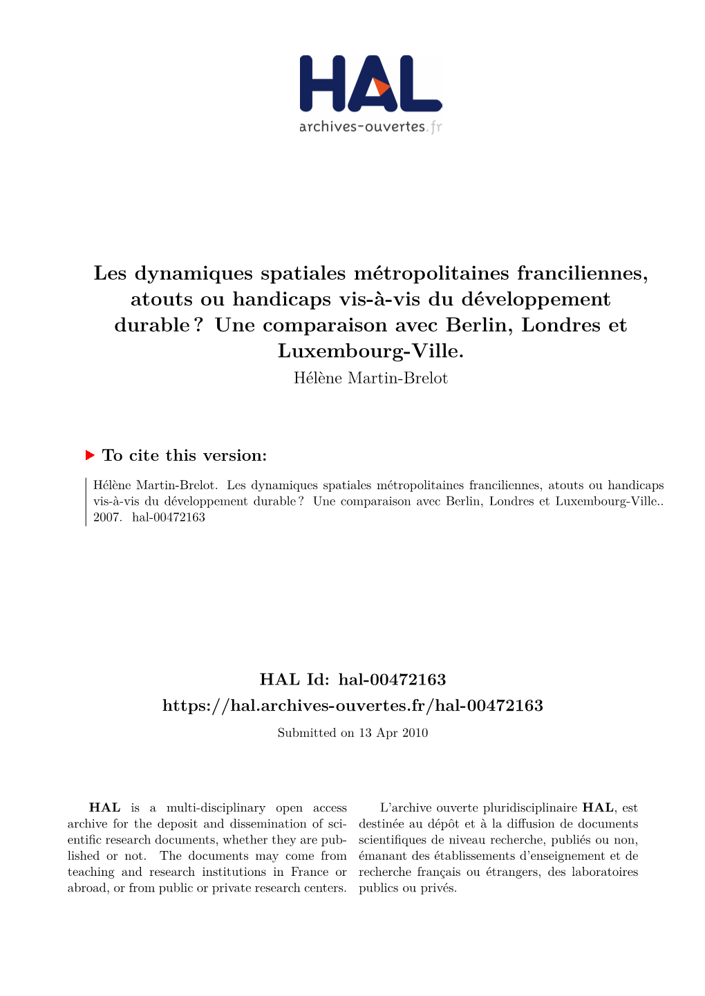 Les Dynamiques Spatiales Métropolitaines Franciliennes