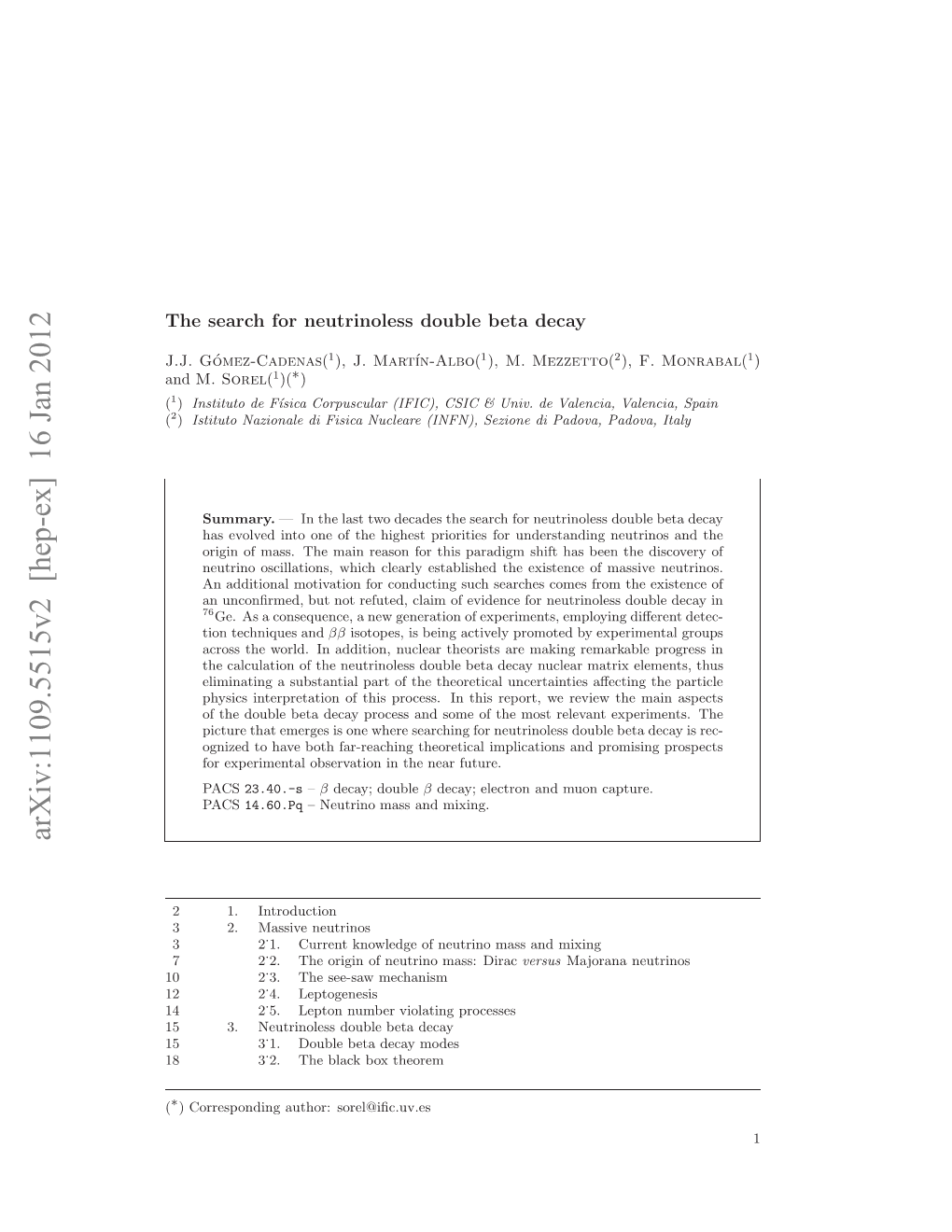 Arxiv:1109.5515V2 [Hep-Ex] 16 Jan 2012 83 18 53 Decay Beta Double Neutrinoless 3