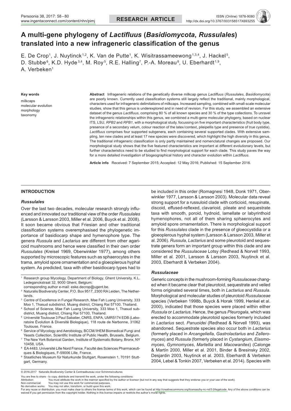 A Multi-Gene Phylogeny of &lt;I&gt; Lactifluus&lt;/I&gt; (&lt;I&gt;Basidiomycota&lt;/I