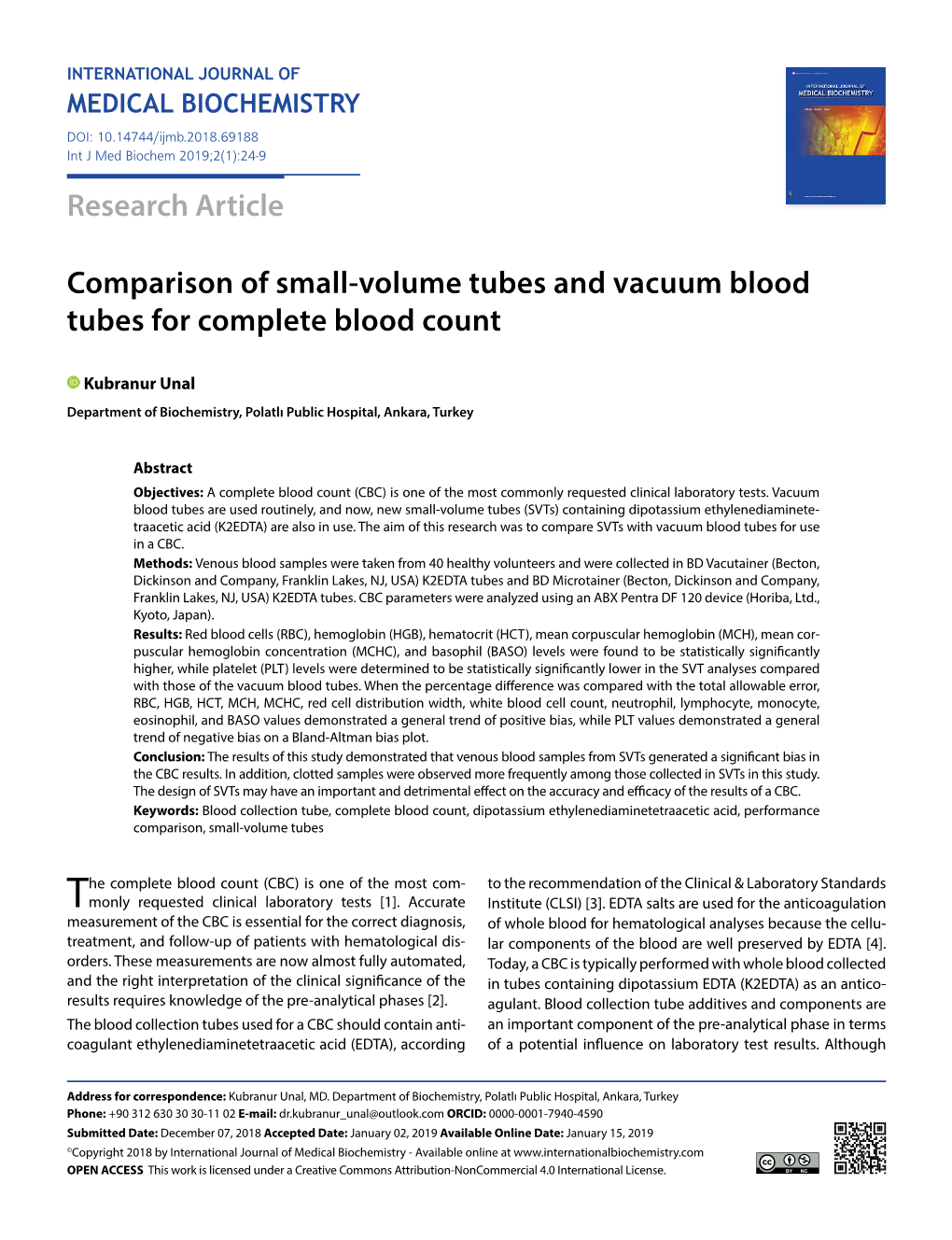 Research Article Comparison of Small-Volume Tubes and Vacuum