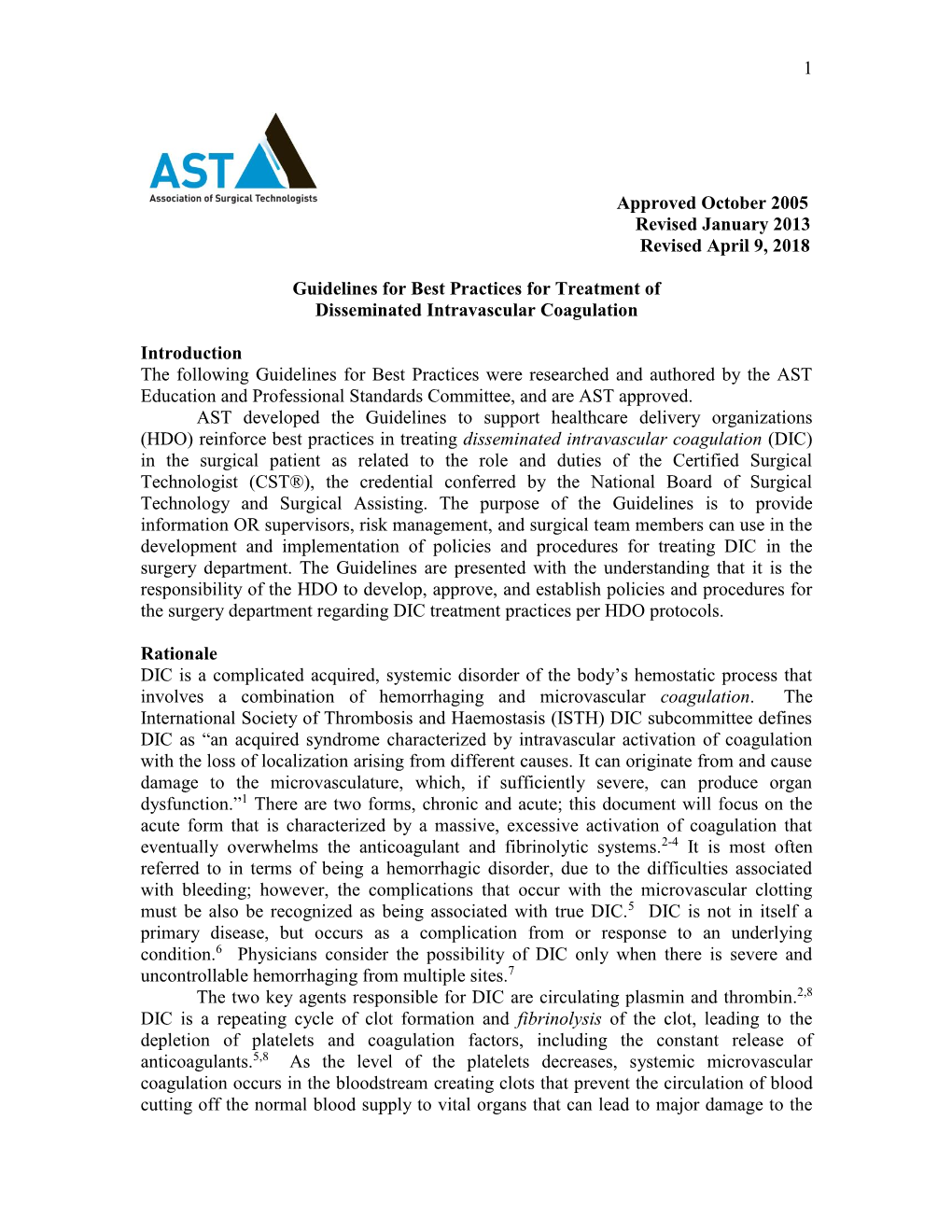 AST Guidelines for Treatment of Disseminated Intravascular