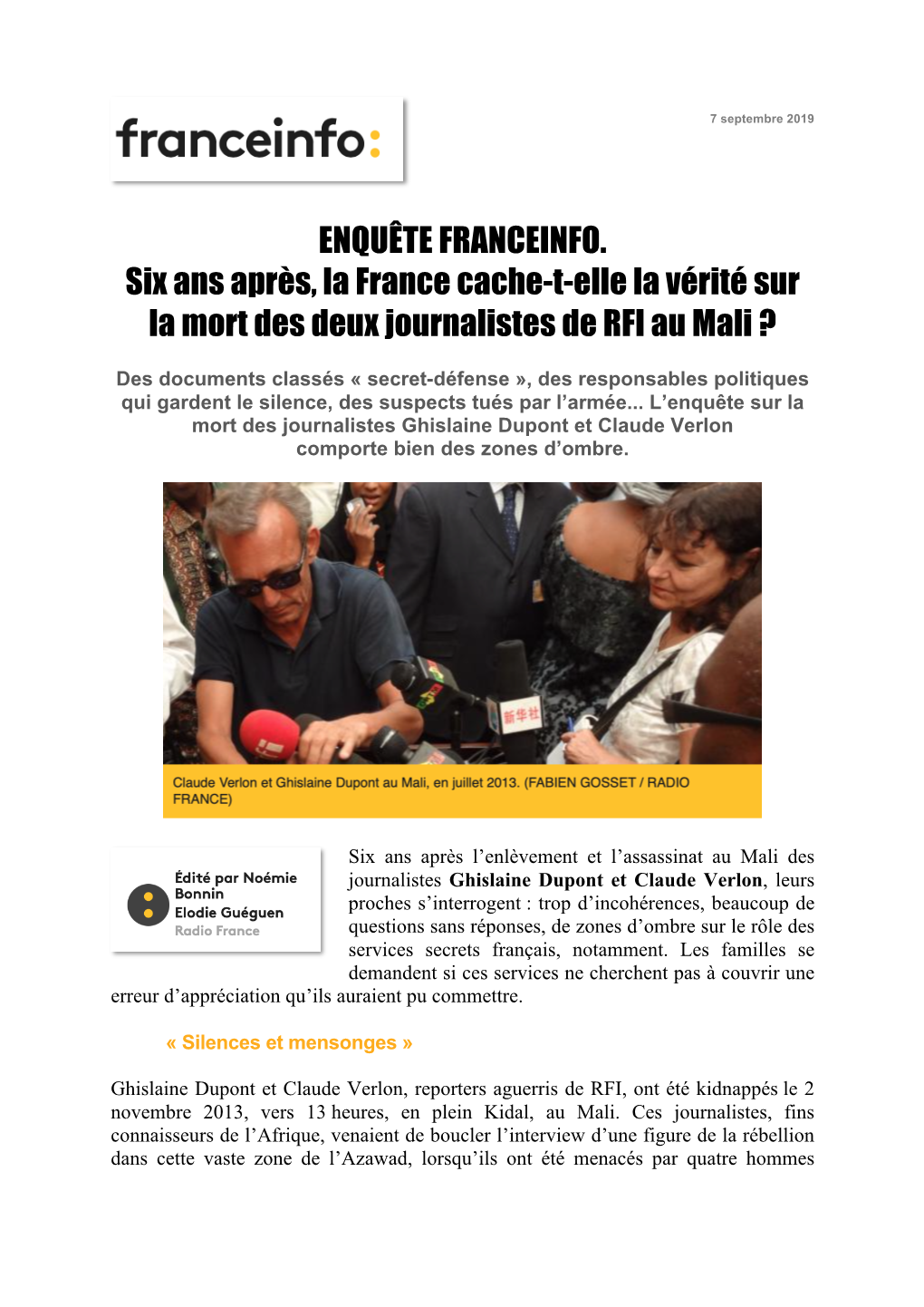 ENQUÊTE FRANCEINFO. Six Ans Après, La France Cache-T-Elle La Vérité Sur La Mort Des Deux Journalistes De RFI Au Mali ?