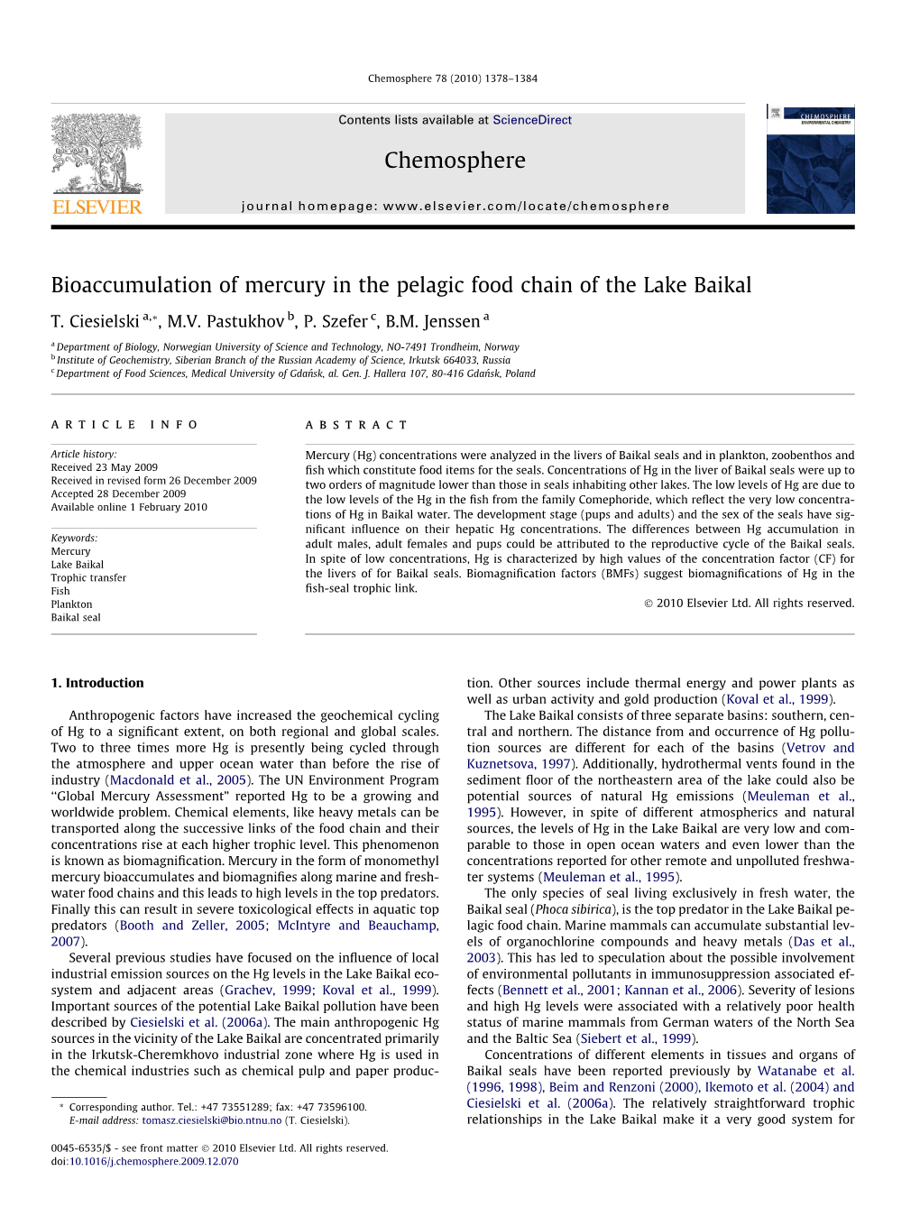 Bioaccumulation of Mercury in the Pelagic Food Chain of the Lake Baikal