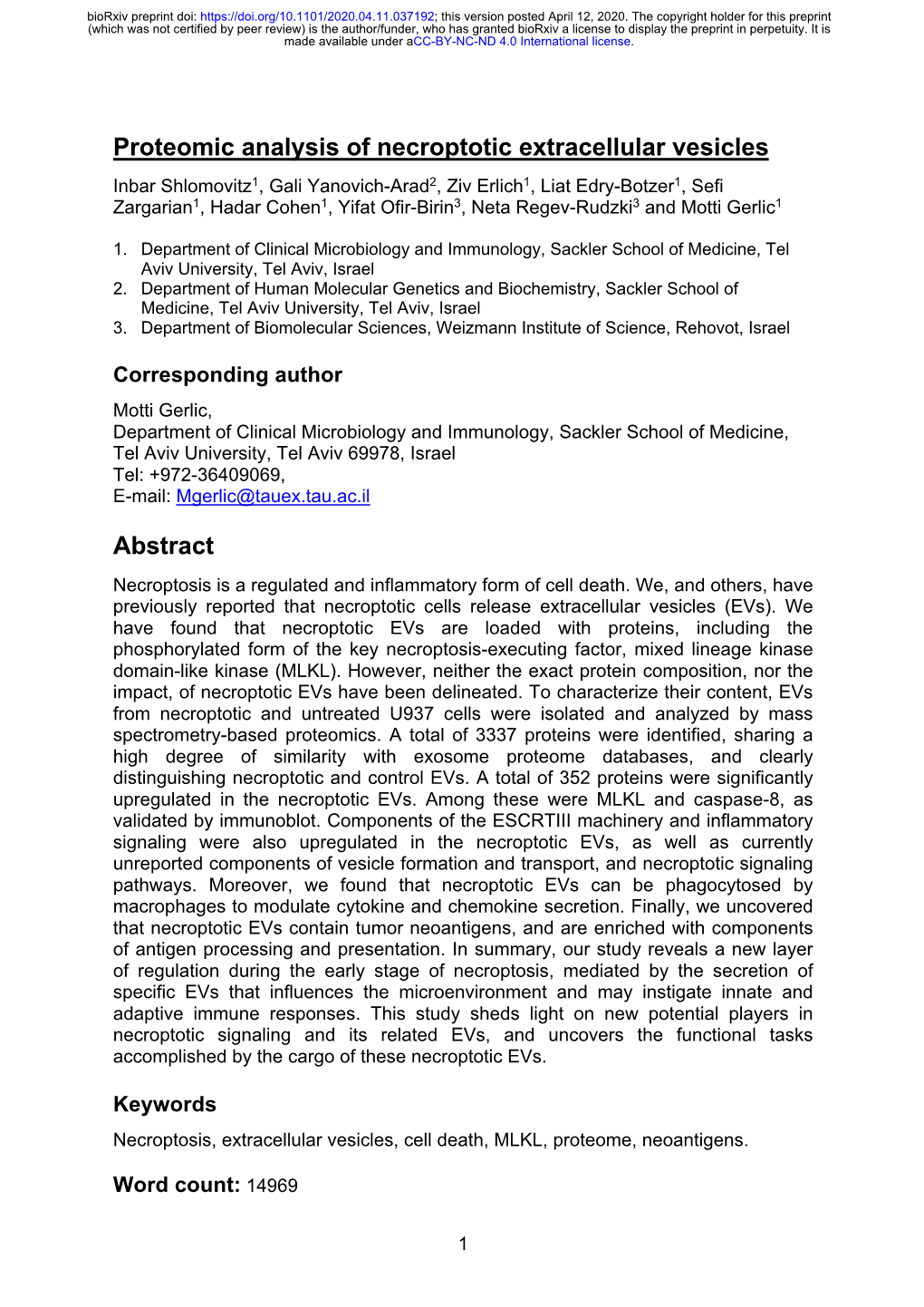 Proteomic Analysis of Necroptotic Extracellular Vesicles