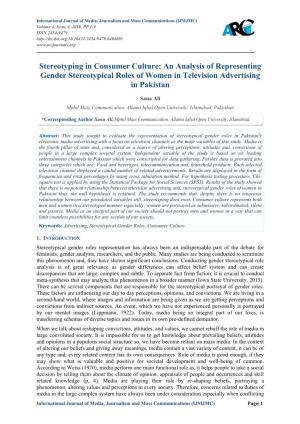 Stereotyping in Consumer Culture: an Analysis of Representing Gender Stereotypical Roles of Women in Television Advertising in Pakistan