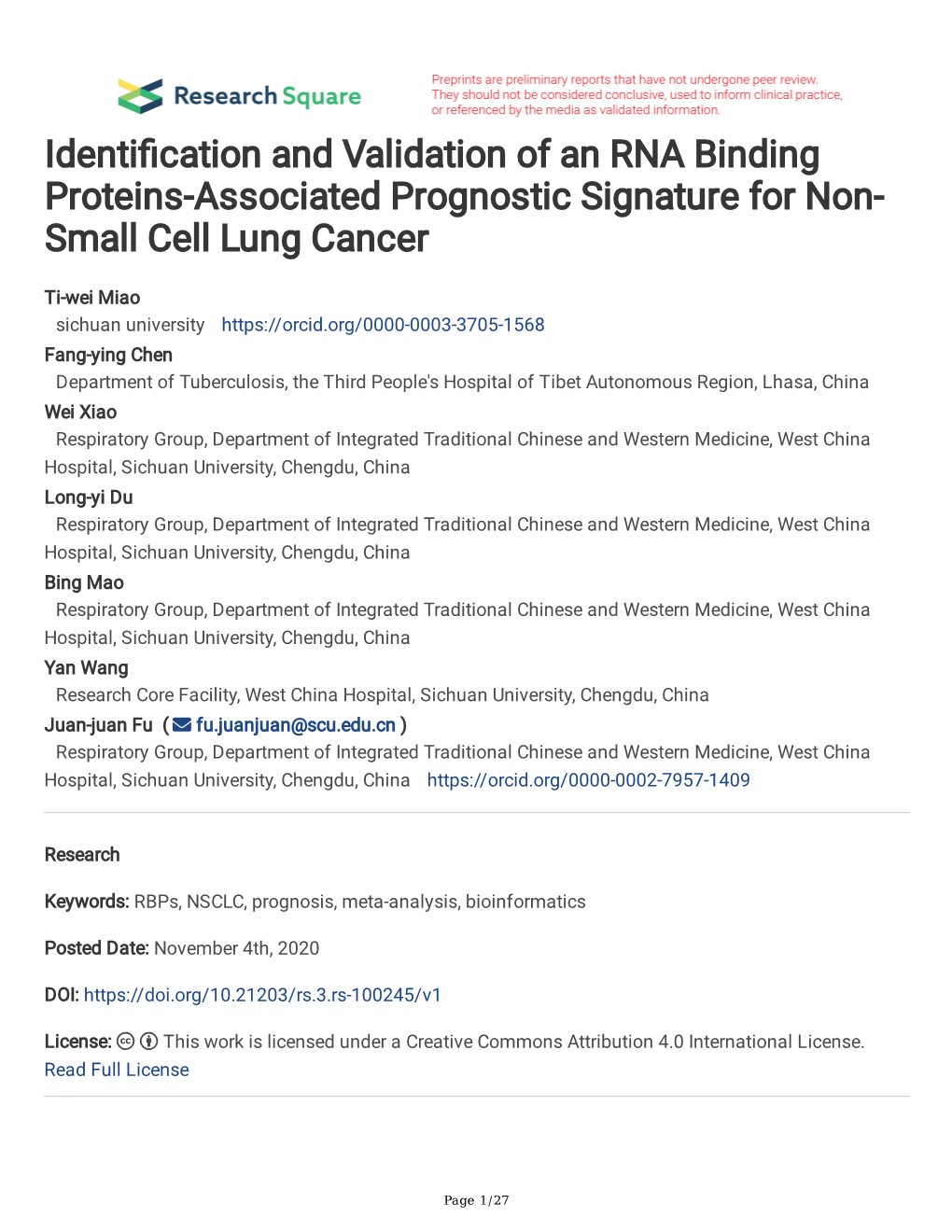 Identi Cation and Validation of an RNA Binding Proteins-Associated