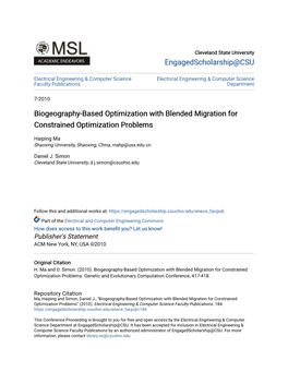 Biogeography-Based Optimization with Blended Migration for Constrained Optimization Problems