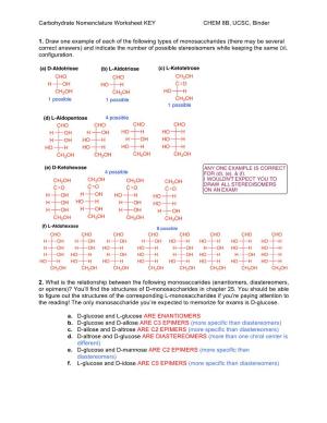 Carbohydrate Nomenclature Worksheet KEY CHEM 8B, UCSC, Binder