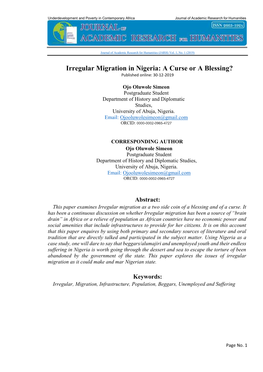 Irregular Migration in Nigeria: a Curse Or a Blessing? Published Online: 30-12-2019