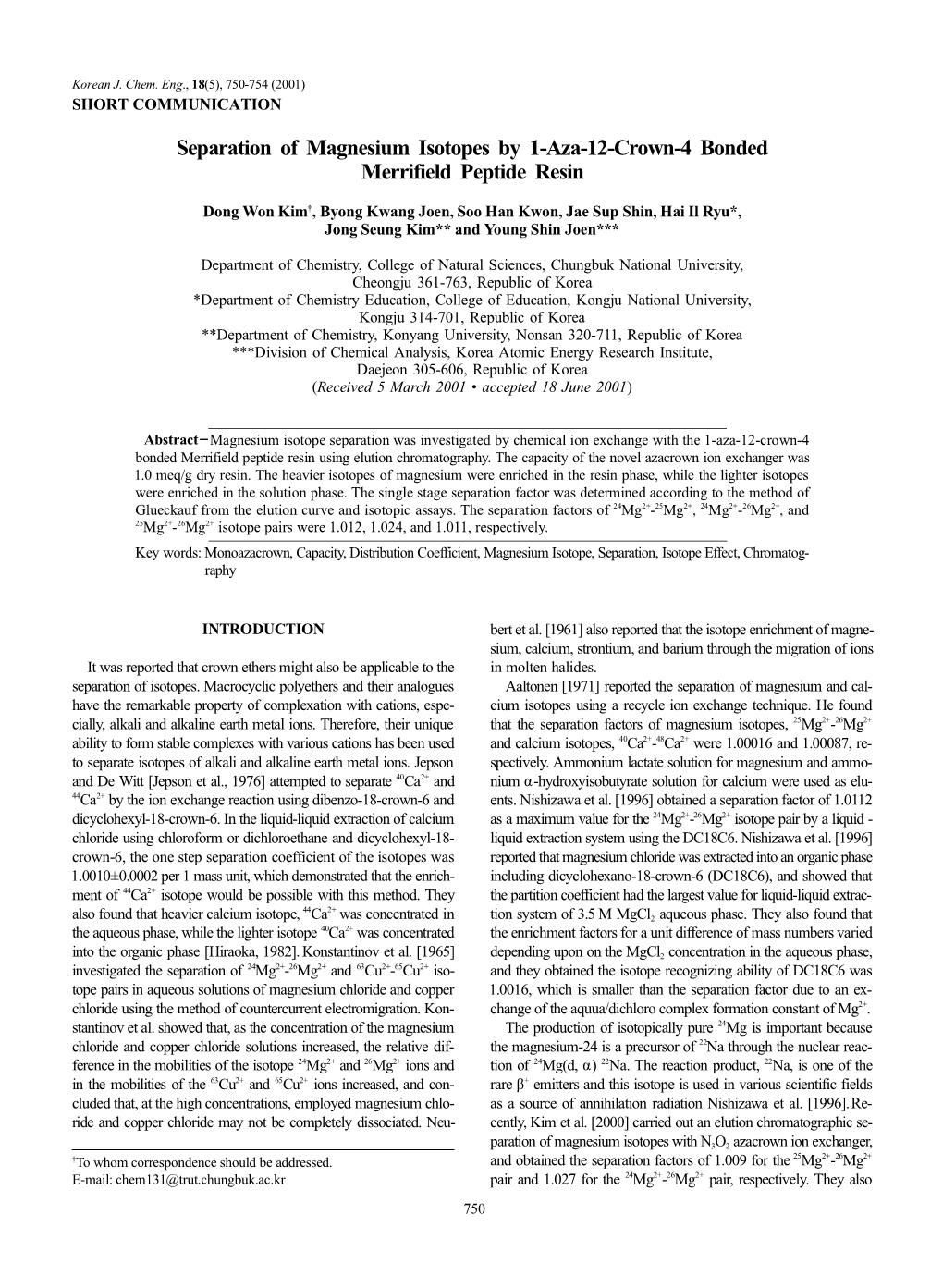 Separation of Magnesium Isotopes by 1-Aza-12-Crown-4 Bonded Merrifield Peptide Resin