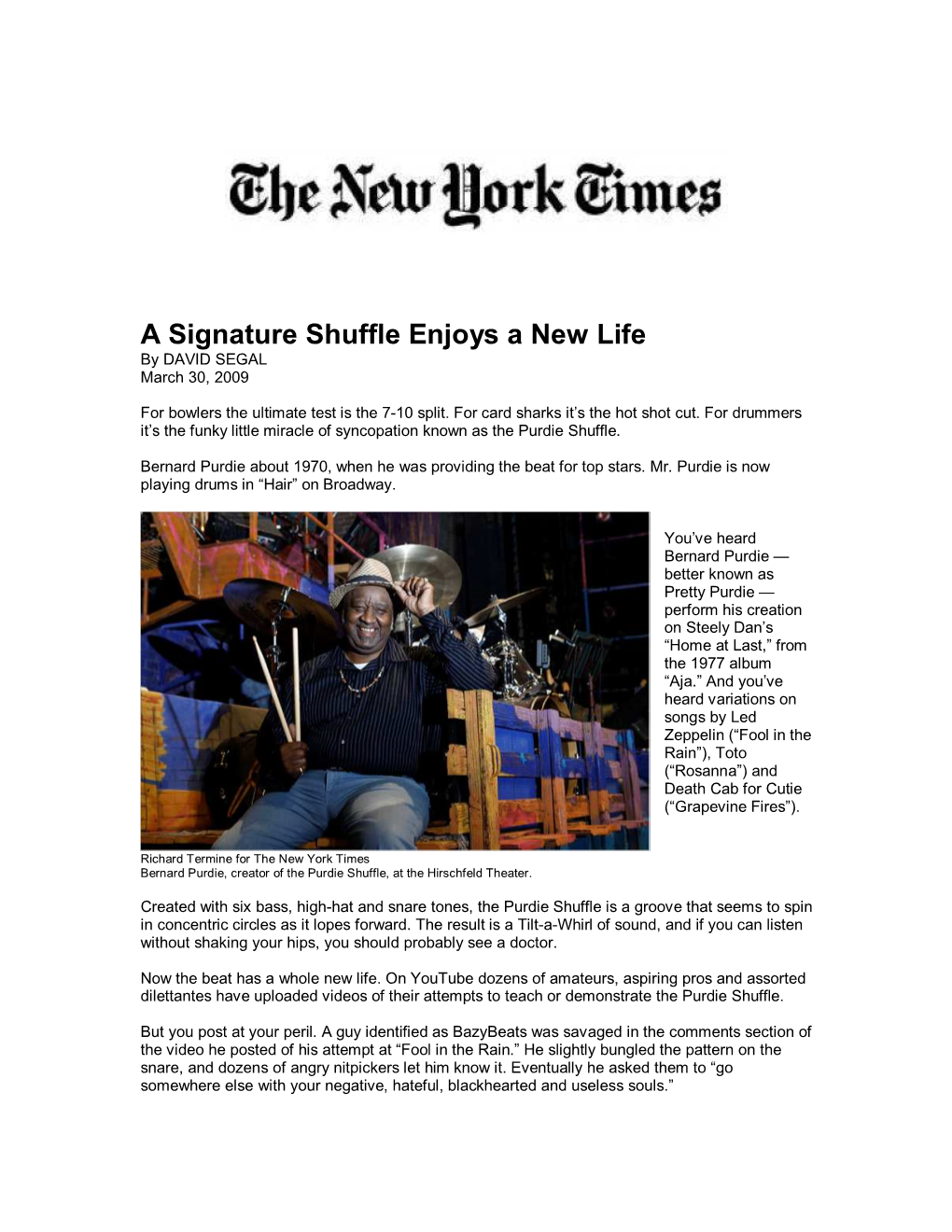 New York Times Bernard Purdie, Creator of the Purdie Shuffle, at the Hirschfeld Theater