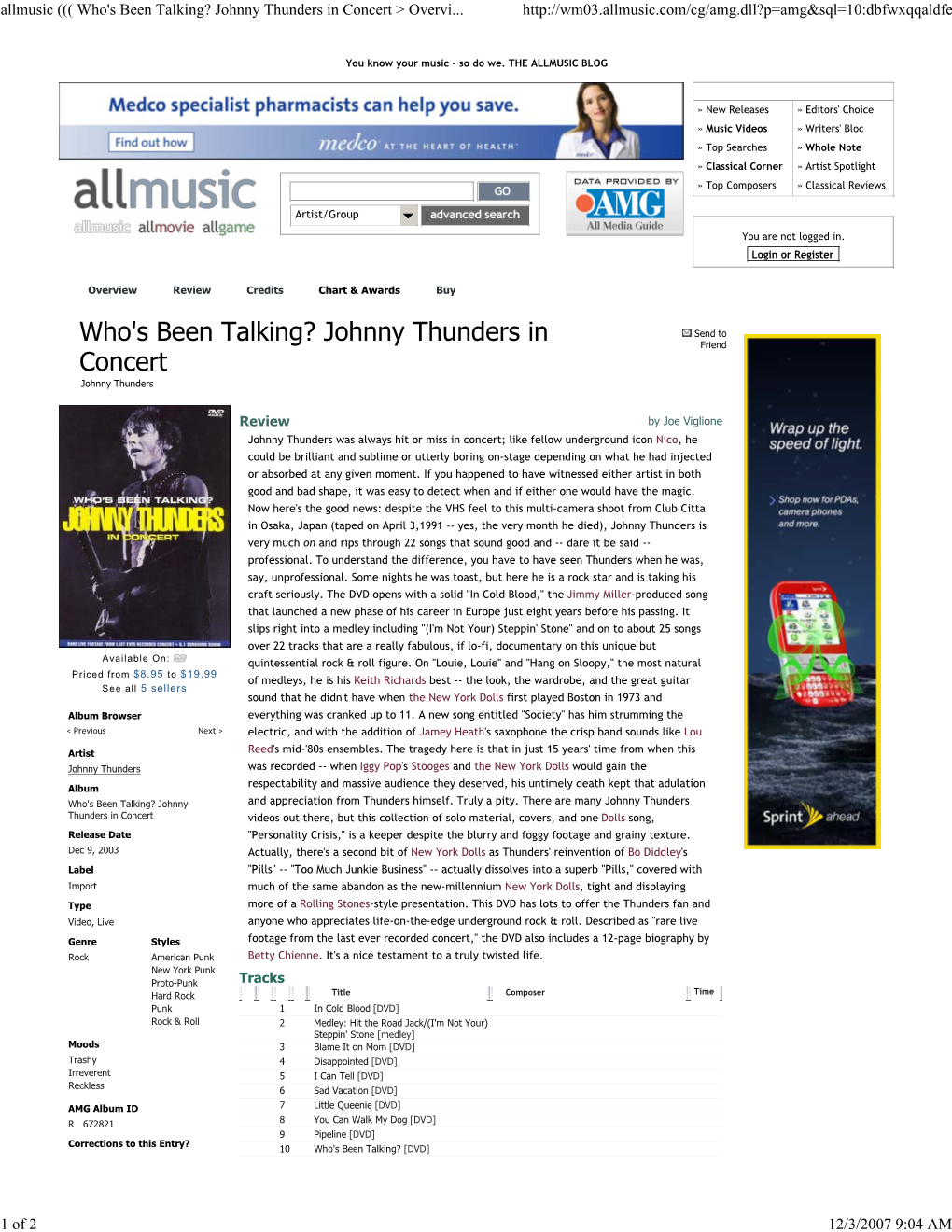 Allmusic ((( Who's Been Talking? Johnny Thunders in Concert &gt;