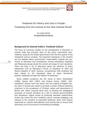 Textbooks for History and Urdu in Punjab: Transiting from the Colonial to the Post-Colonial Period1