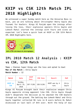 KXIP Vs CSK 12Th Match IPL 2018 Highlights
