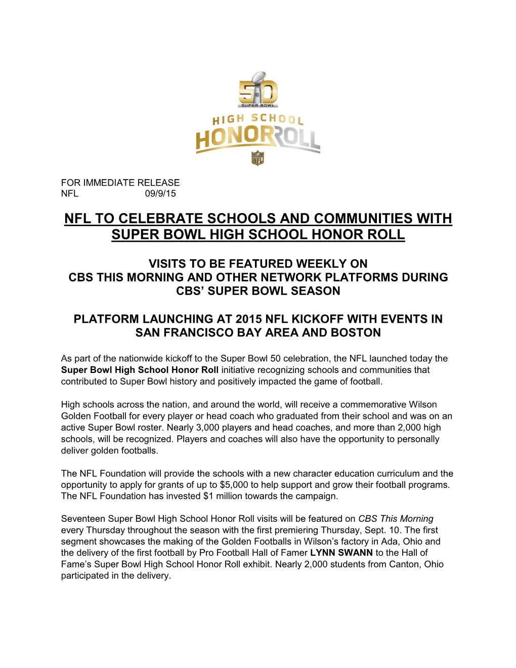 Nfl to Celebrate Schools and Communities with Super Bowl High School Honor Roll