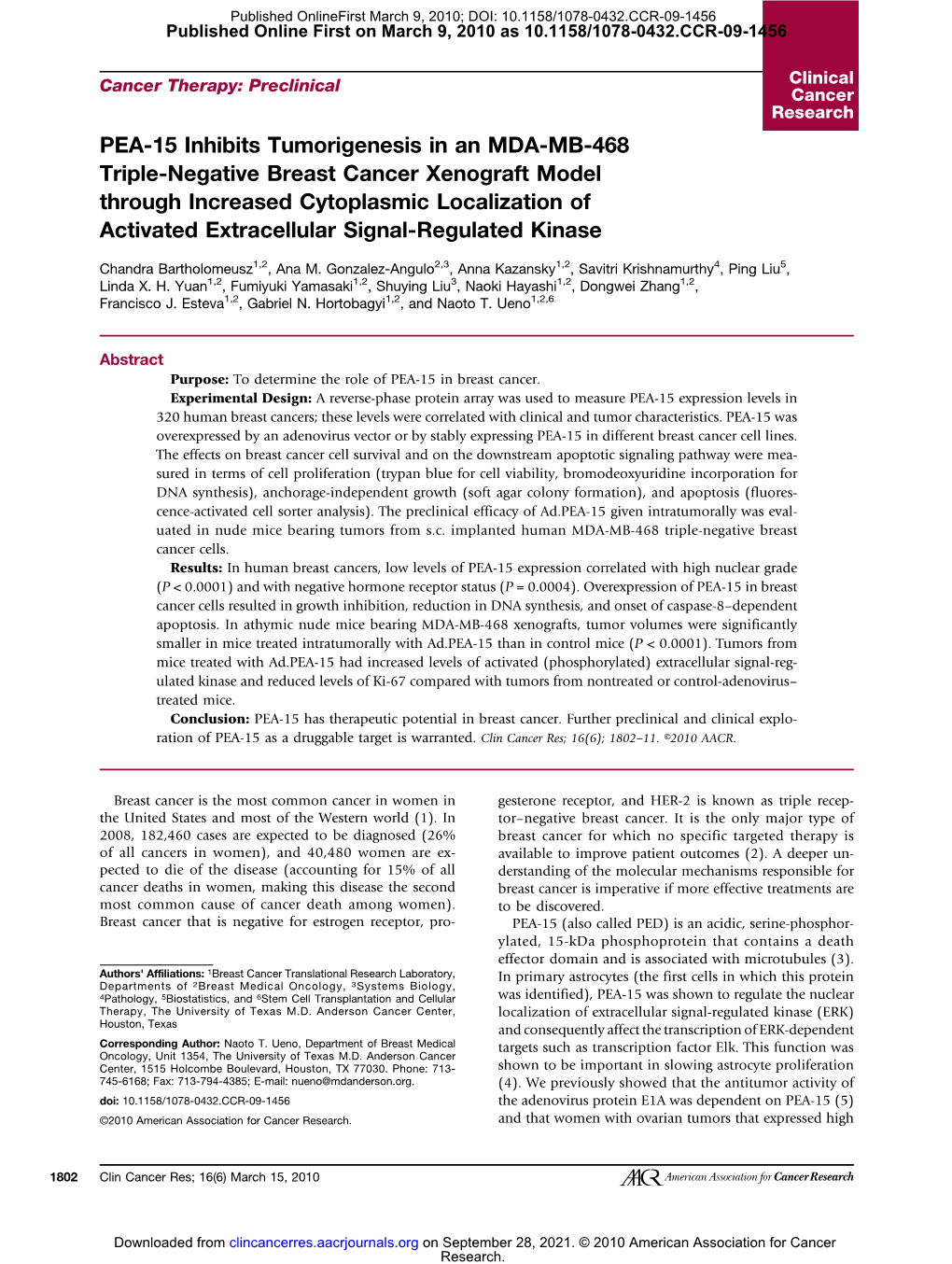 PEA-15 Inhibits Tumorigenesis in an MDA-MB-468 Triple-Negative