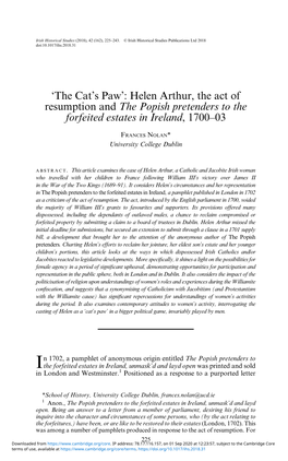'The Cat's Paw': Helen Arthur, the Act of Resumption and the Popish