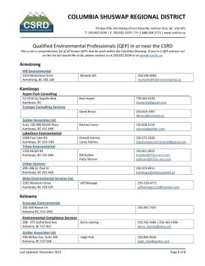 (QEP) in Or Near the CSRD This Is Not a Comprehensive List of All Known Qeps That Do Work Within the Columbia Shuswap