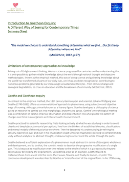 Introduction to Goethean Enquiry: a Different Way of Seeing for Contemporary Times Summary Sheet