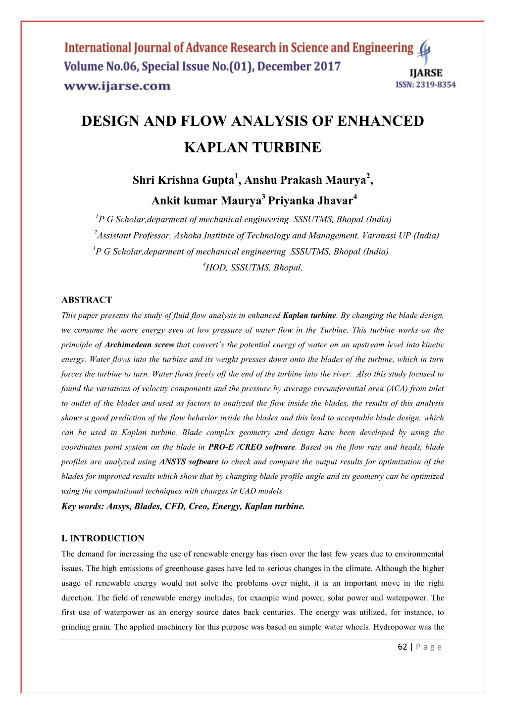 Design and Flow Analysis of Enhanced Kaplan Turbine