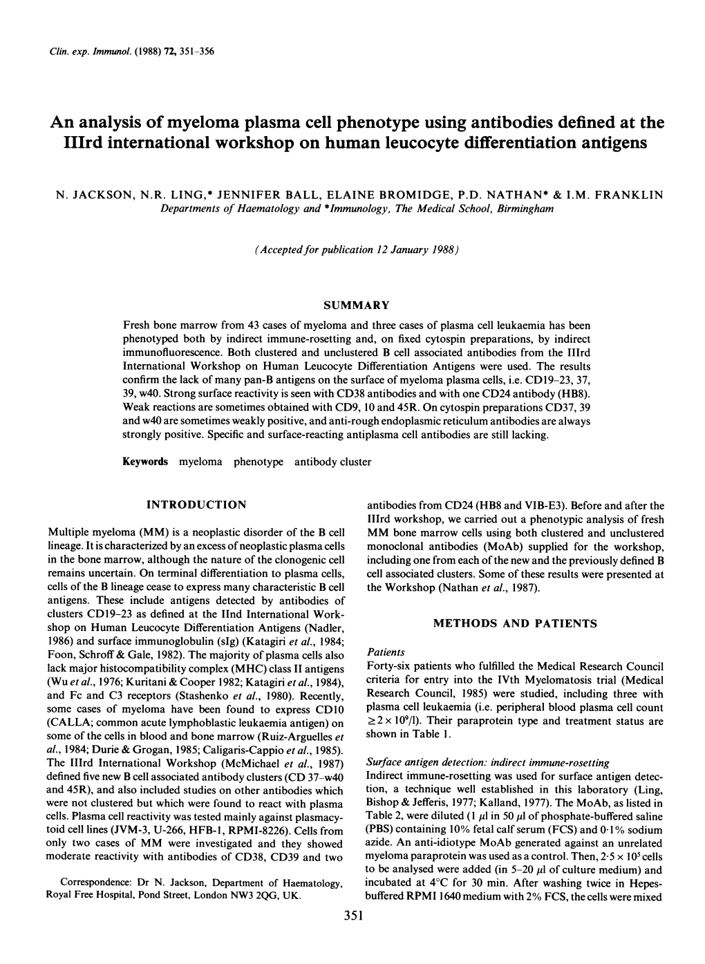 An Analysis of Myeloma Plasma Cell Phenotype Using Antibodies Defined at the Iird International Workshop on Human Leucocyte Differentiation Antigens