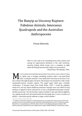 The Bunyip As Uncanny Rupture: Fabulous Animals, Innocuous Quadrupeds and the Australian Anthropocene