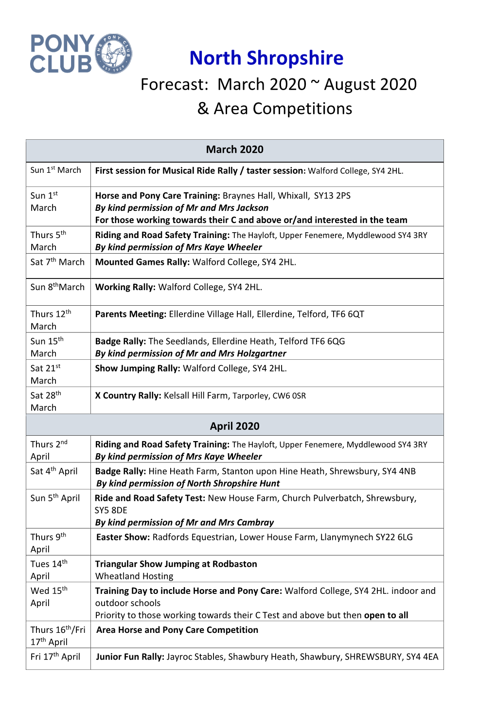 North Shropshire Forecast: March 2020 ~ August 2020 & Area Competitions