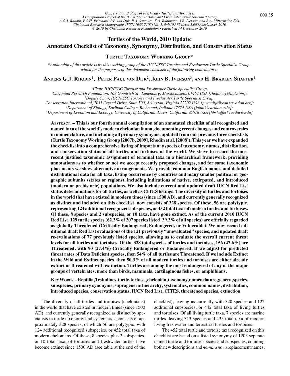 Turtles of the World, 2010 Update: Annotated Checklist of Taxonomy, Synonymy, Distribution, and Conservation Status