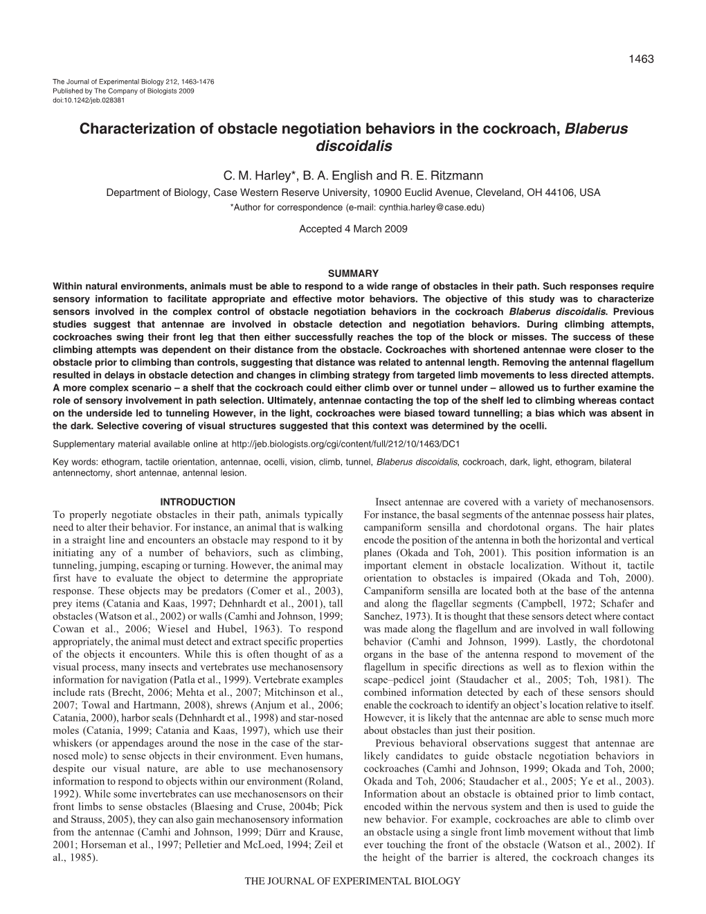 Characterization of Obstacle Negotiation Behaviors in the Cockroach, Blaberus Discoidalis