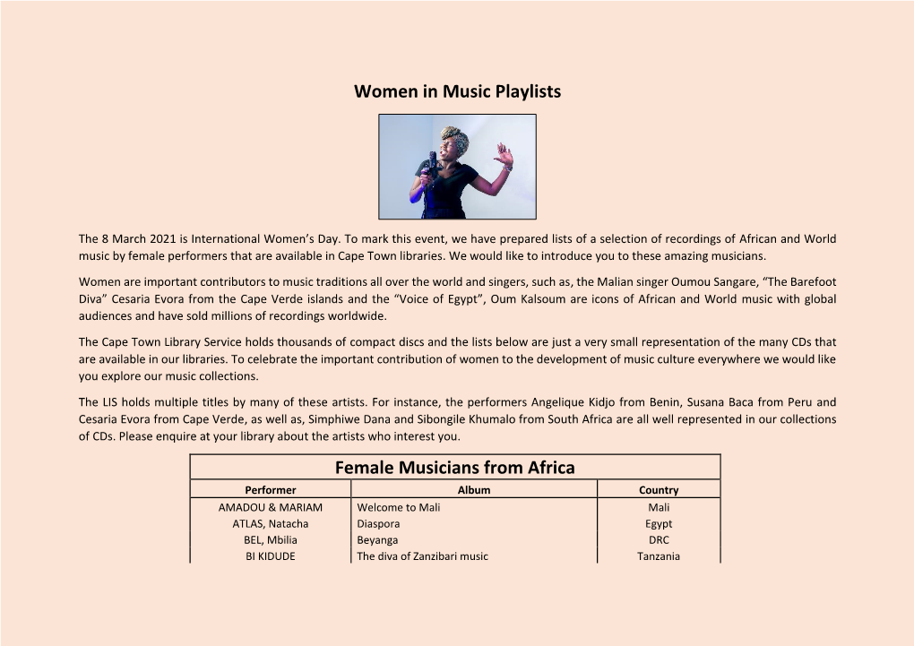 Women in Music Playlists Female Musicians from Africa