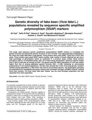 Genetic Diversity of Faba Bean (Vicia Faba L.) Populations Revealed By