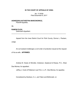 IN the COURT of APPEALS of IOWA No. 17-0039 Filed December